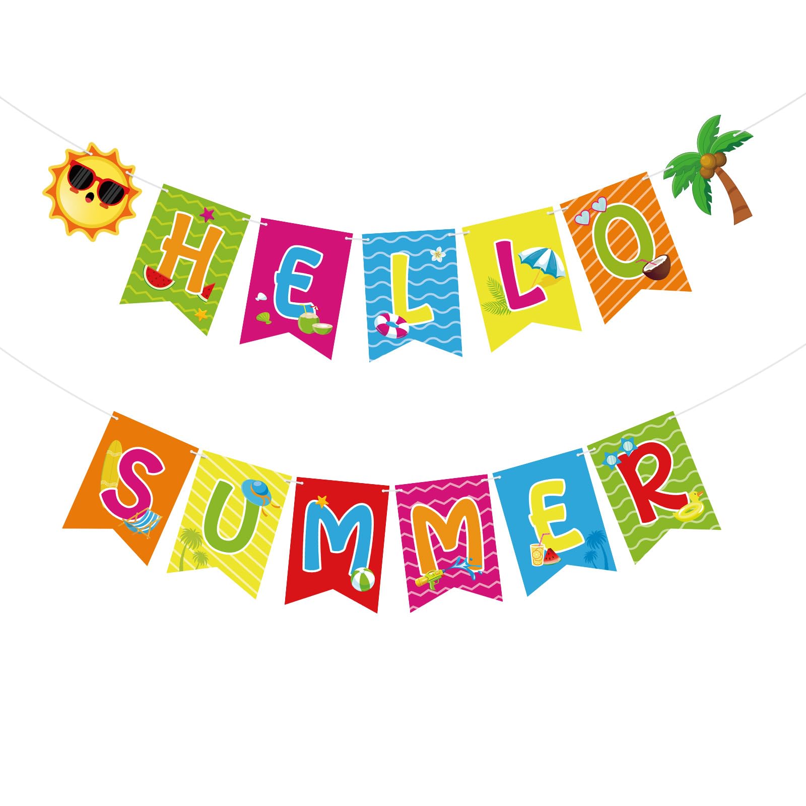 Hooqict Hello Summer Banner Colorful Hello Summer Party Decorations Sun Coconut Beach Pool Party Banner Garland Sign for Indoor Outdoor Tropical Hawaiian Luau Party Decorations