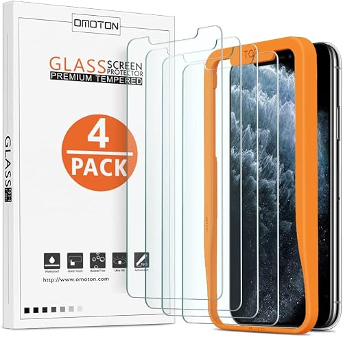 OMOTON Tempered Glass Screen Protector for iPhone 11 Pro/X/XS [Installation Kit Included] Anti-Scratch, Easy Installation, Bubble-Free, Transparent [5.8 Inches, Pack of 4]