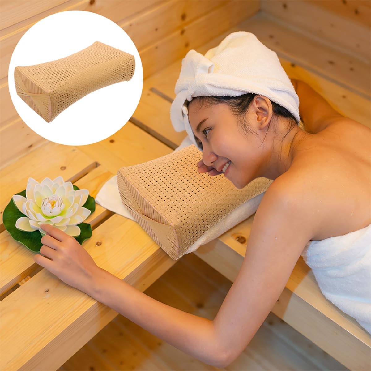 Lot de 2 Oreillers en Imitation Rotin Tressé, Grand Format Naturel, Coussins Respirants pour Sauna et Bain, Soutien Cervical Ergonomique, Oreillers Rafraîchissants pour Personnes