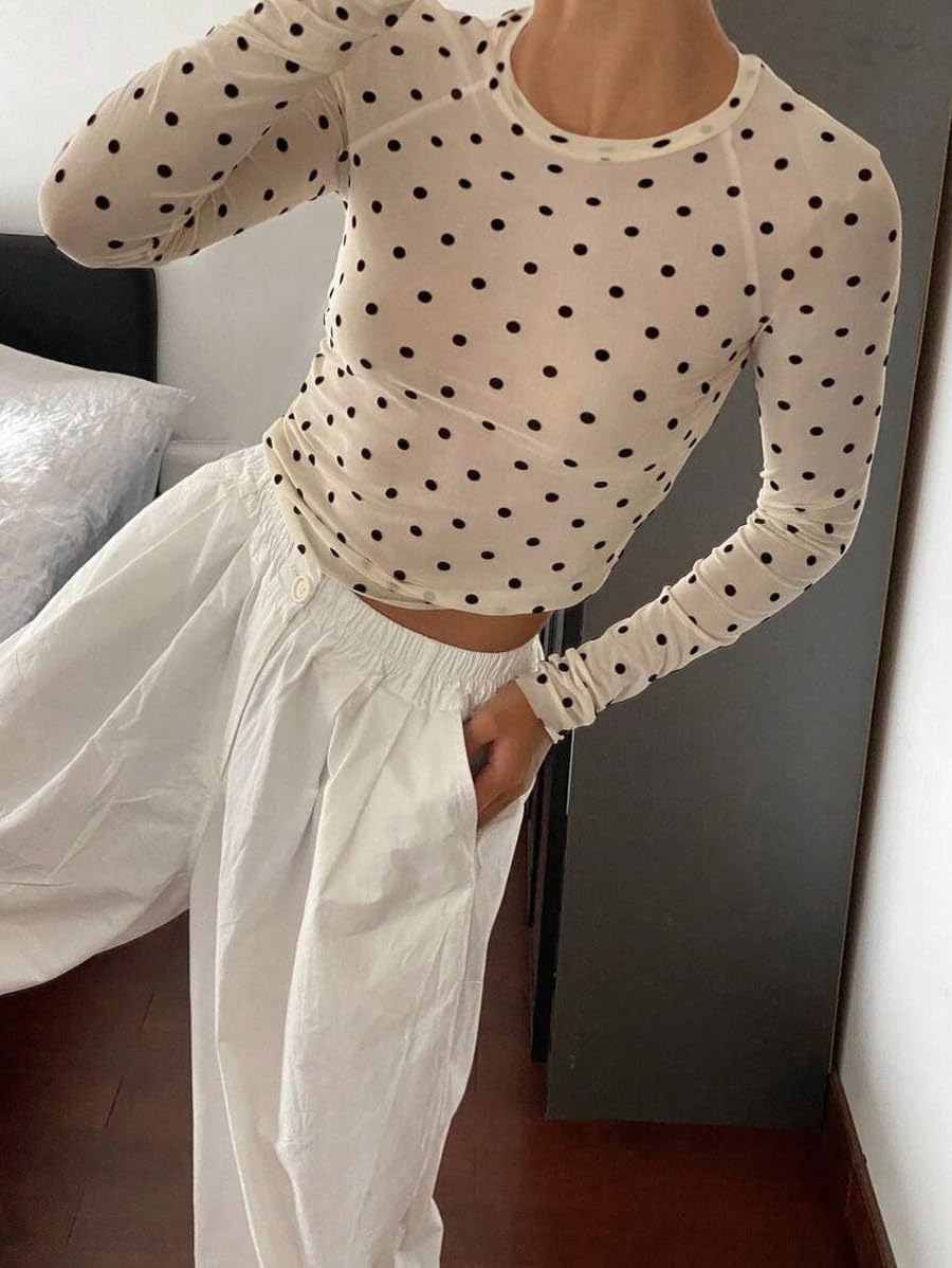 Floral Mesh Top for Women Crew Neck Long Sleeve See Through Tee Shirts Fitted Sexy Going Out Tops - Image 4