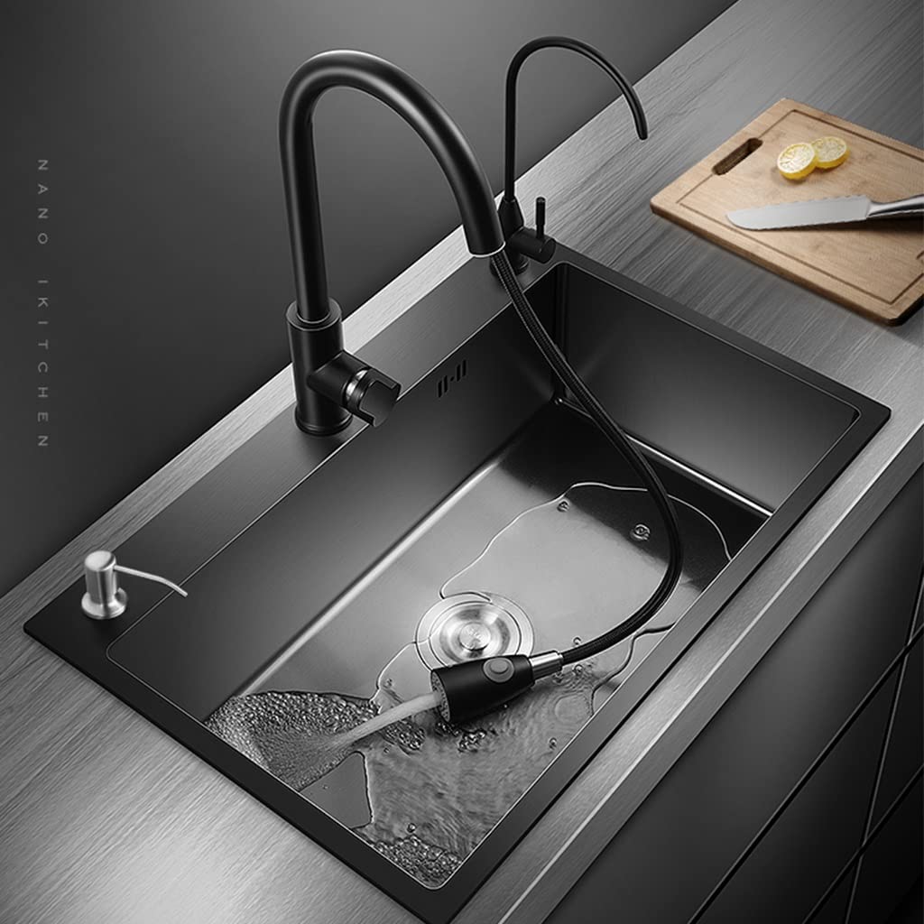 Lavello Da Cucina Nero In Acciaio Inox 80x50x20 Cm - Vasca Singola Con Rubinetto, Montaggio Sottopiano - Foto 12