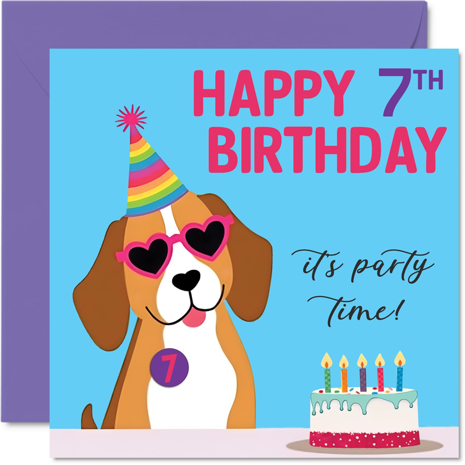 7th Birthday Cards for Boys Girls - Doggy Party - Happy Birthday Card for 7 Year Old Boy Girl Cousin Daughter Grandson Son, 145mm Bday Greeting Cards