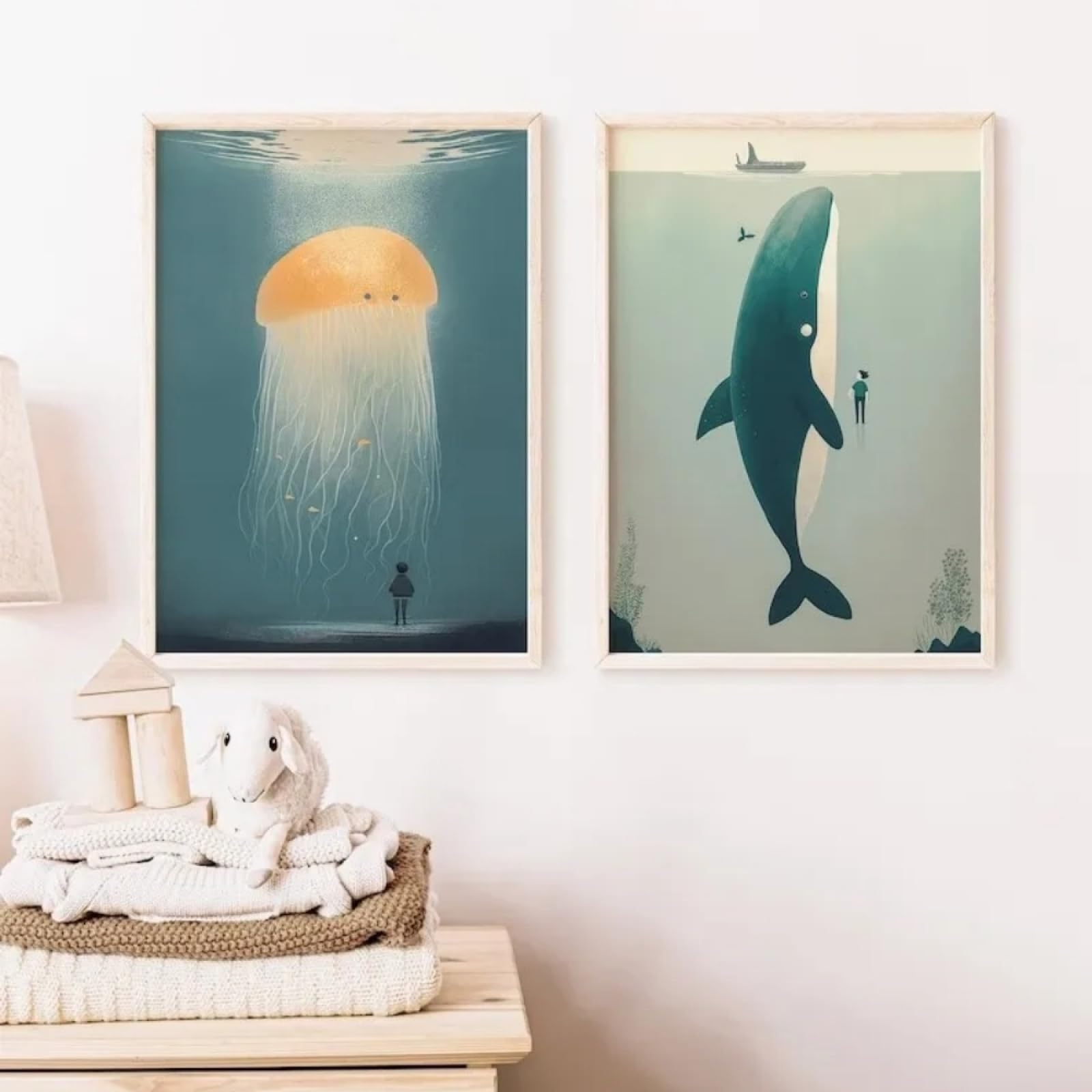 Hurcp Boys White 2Pcs Abstract And Minimalist Sea Life Illustration Poster Jellyfish Whale Octopus Canvas Painting Wall Art Nursery Room Home Decor Gift For Child Son ,A2 (42X60cm)