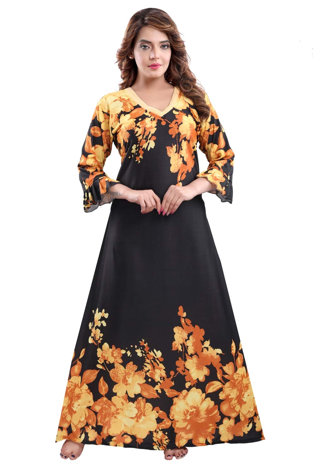 Fabme Women's Crepe Printed Flare Nighty with Long Sleeves/Night Gown/Nightwear/Maxi