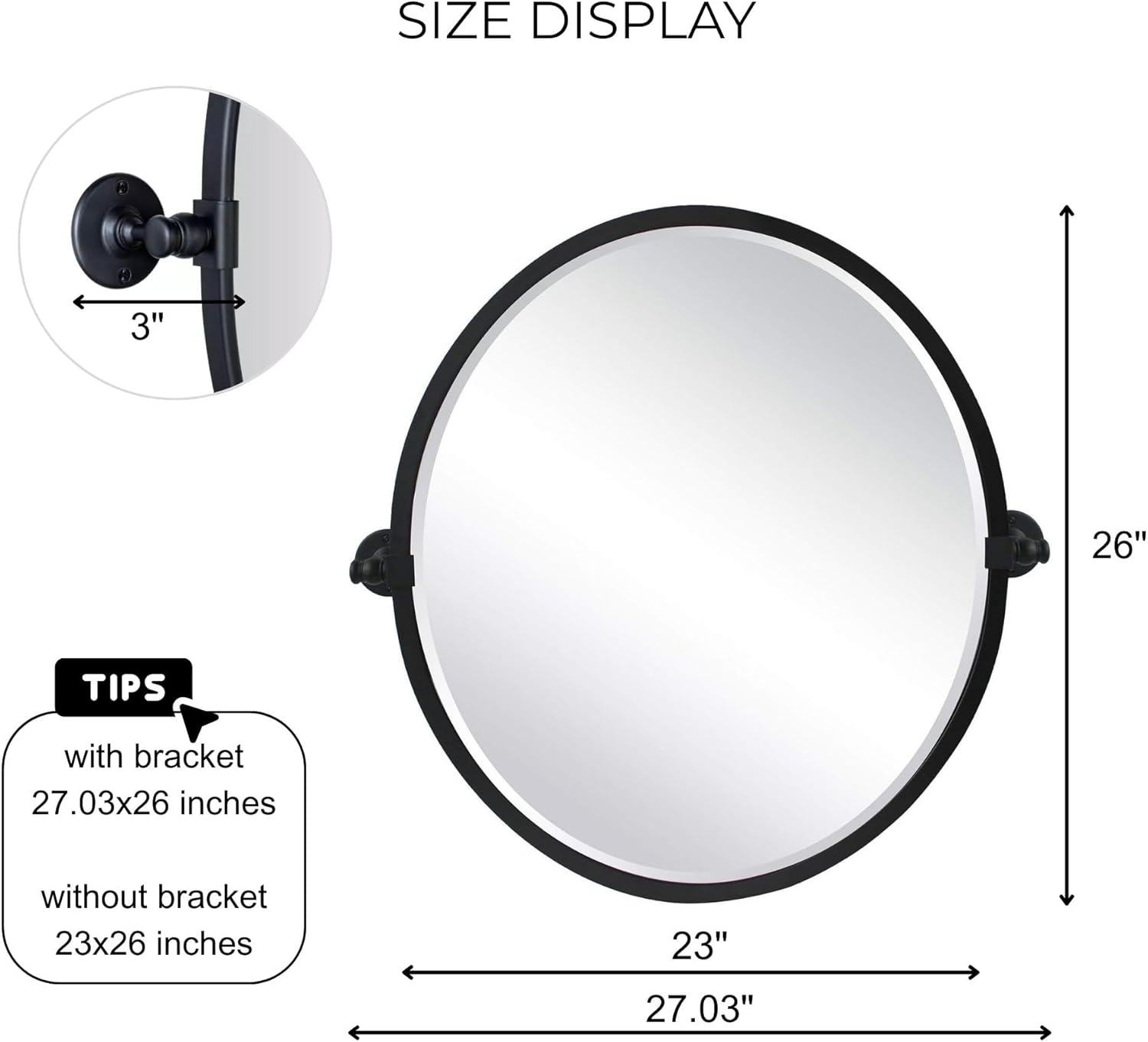 TEHOME Black Metal Framed Pivot Oval Bathroom Mirror Tilting Beveled Vanity Mirrors for Wall, Overall 27.03 x 26 inches (Mirrror 23 x 26 inches)