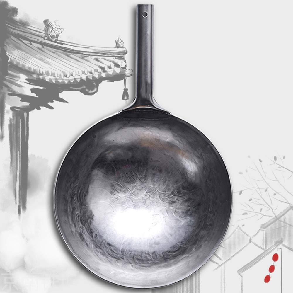 Wok in Acciaio al Carbonio Pre-Regolato Non Rivestito Spesso da 32 Cm, Cucina Tradizionale, Forgiato A Mano, Antiaderente, Cucina Tradizionale