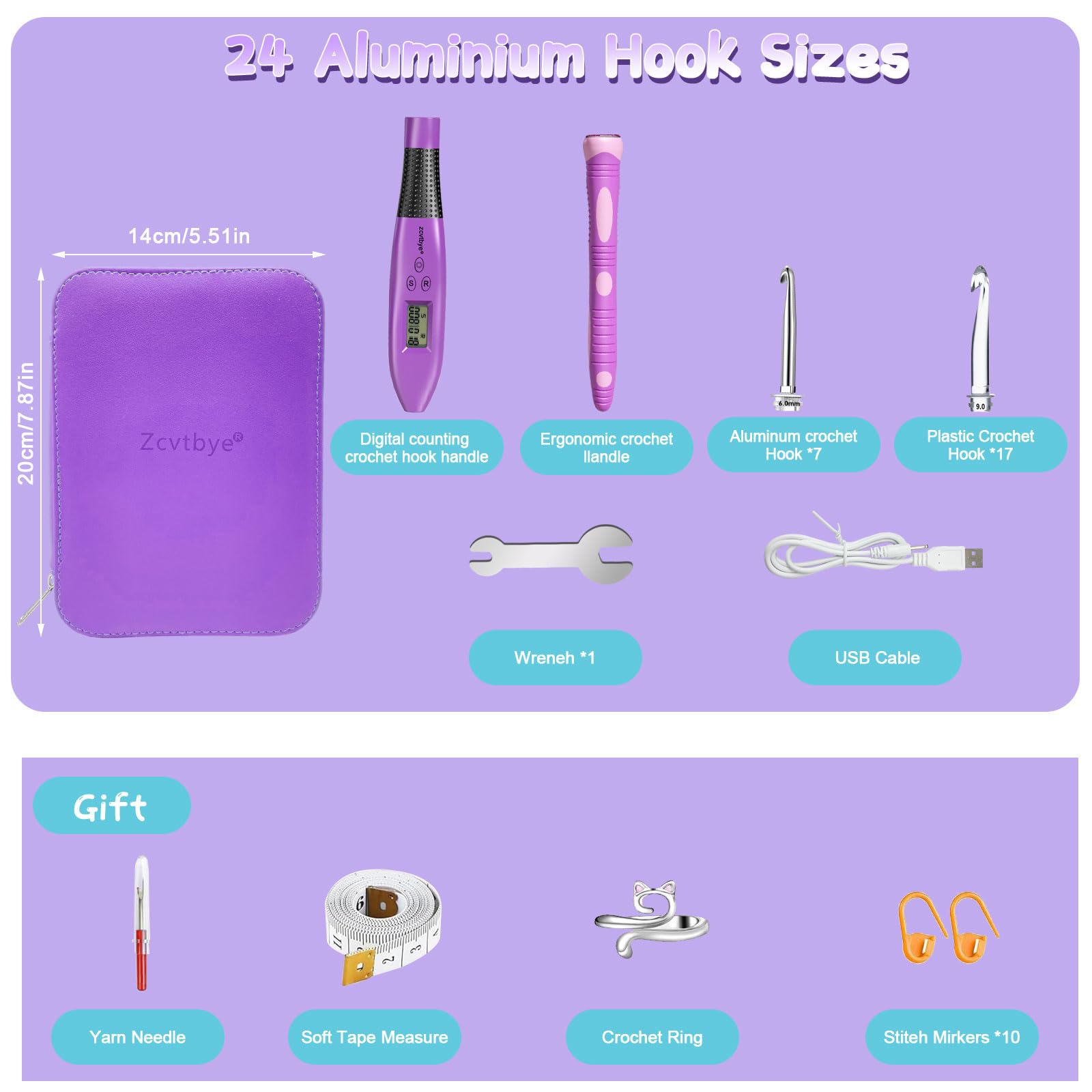 24-in-1 ergonomisches Häkelnadel-Set LED-Licht & Maschenzähler - austauschbare Hakenköpfe 2,0-14,0 mm, Garnnadeln, Maschenmarkierer, Lineal, Fingerhut & Aufbewahrungsbox