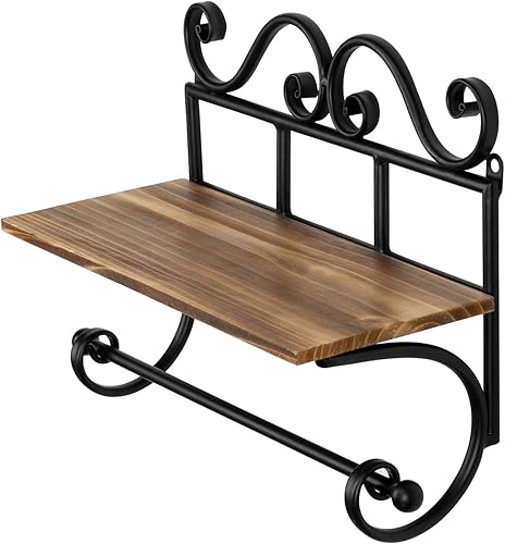 Miniatura 4 de MyGift Soporte para toallas de papel de cocina de metal negro montado en la pared y estante de almacenamiento de madera maciza quemada, estante de