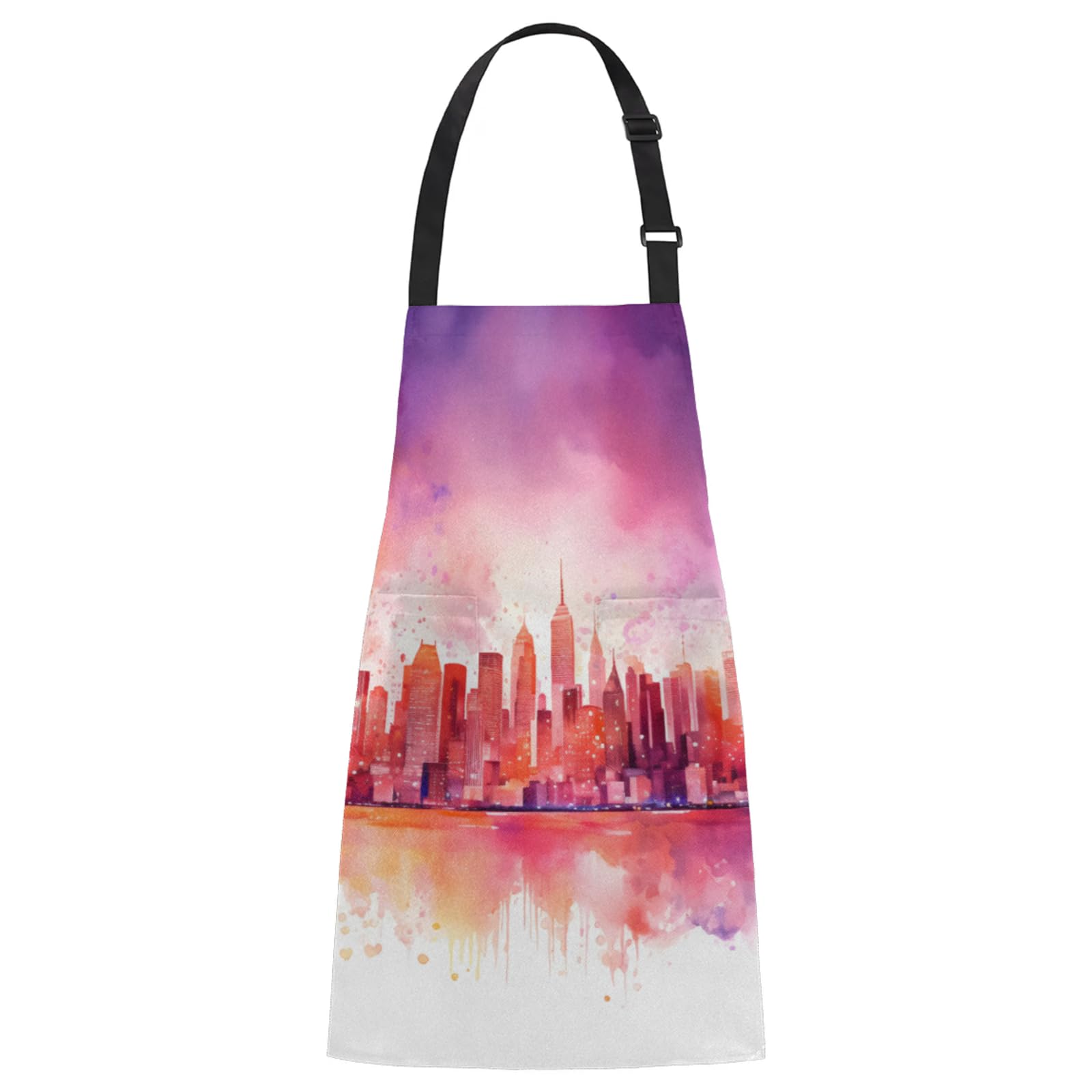 Aglebo Watercolor City Silhouette Chef Apron with Pockets Adjustable Shoulder Strap Waterproof Cooking Apron for Kitchen Baking Gardening Pottery Painting