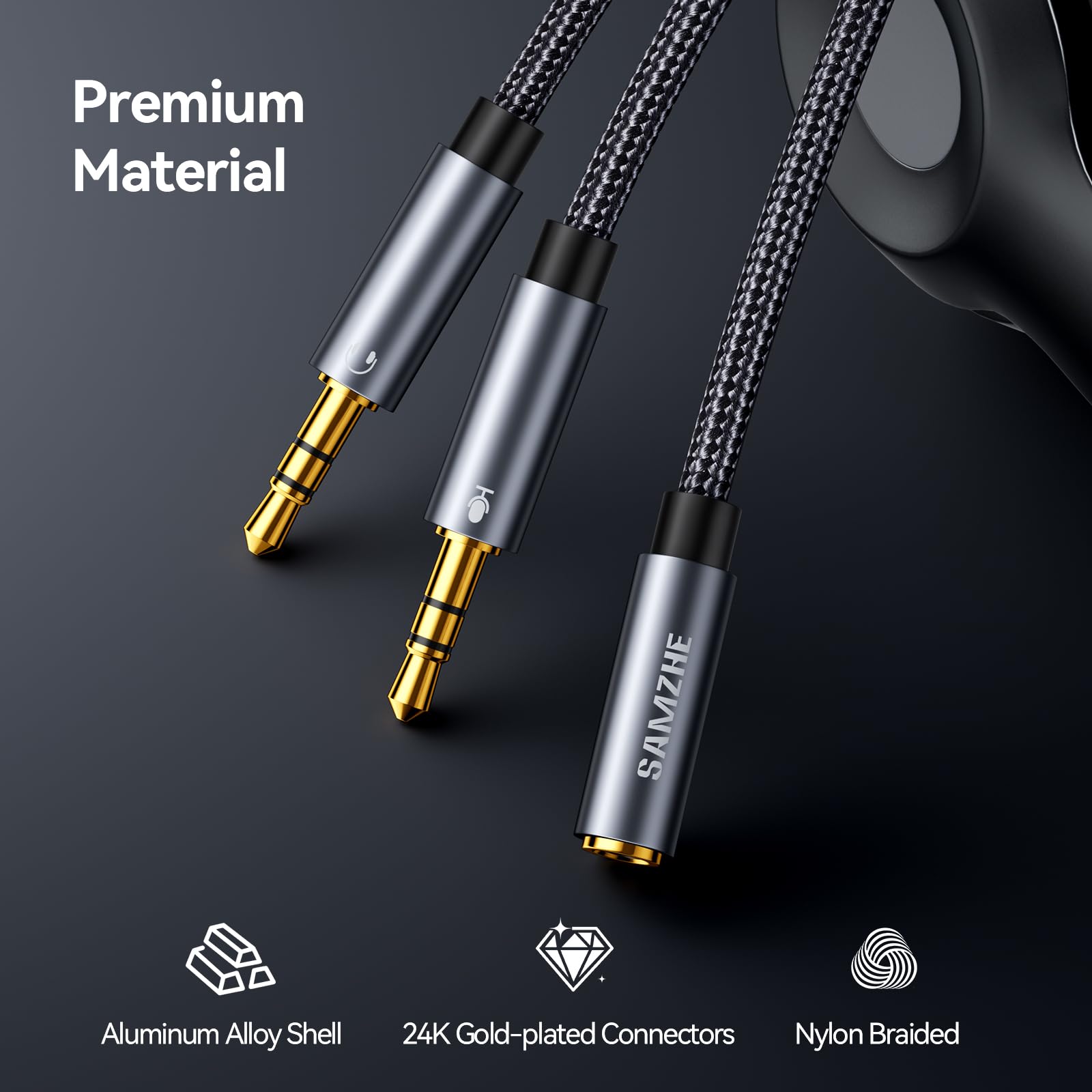 SAMZHE Divisor de auriculares para computadora de 3,5 mm hembra a 2 cables dobles de 3,5 mm macho trenzado de audio divisor de audio para micrófono, conector estéreo, cable de puerto de auriculares