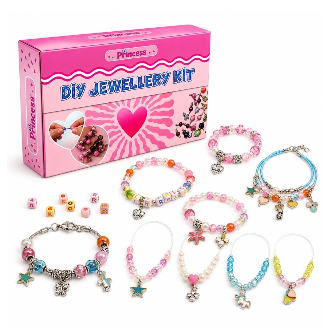 Lil Princess DIY Jewellery Kit for Girls | Bracelet Making Kit & Necklace Making Kit with 6 Big Charms, 4 Colourful Pieces, 6 Silver Pendants, 14 Types of Beads, 2 Threads & Passport | Age 5+-image-4