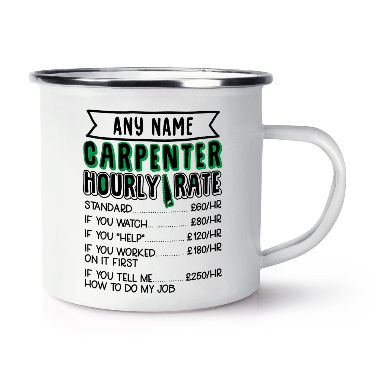 Personalised Carpenter Hourly Rate Enamel Mug Cup