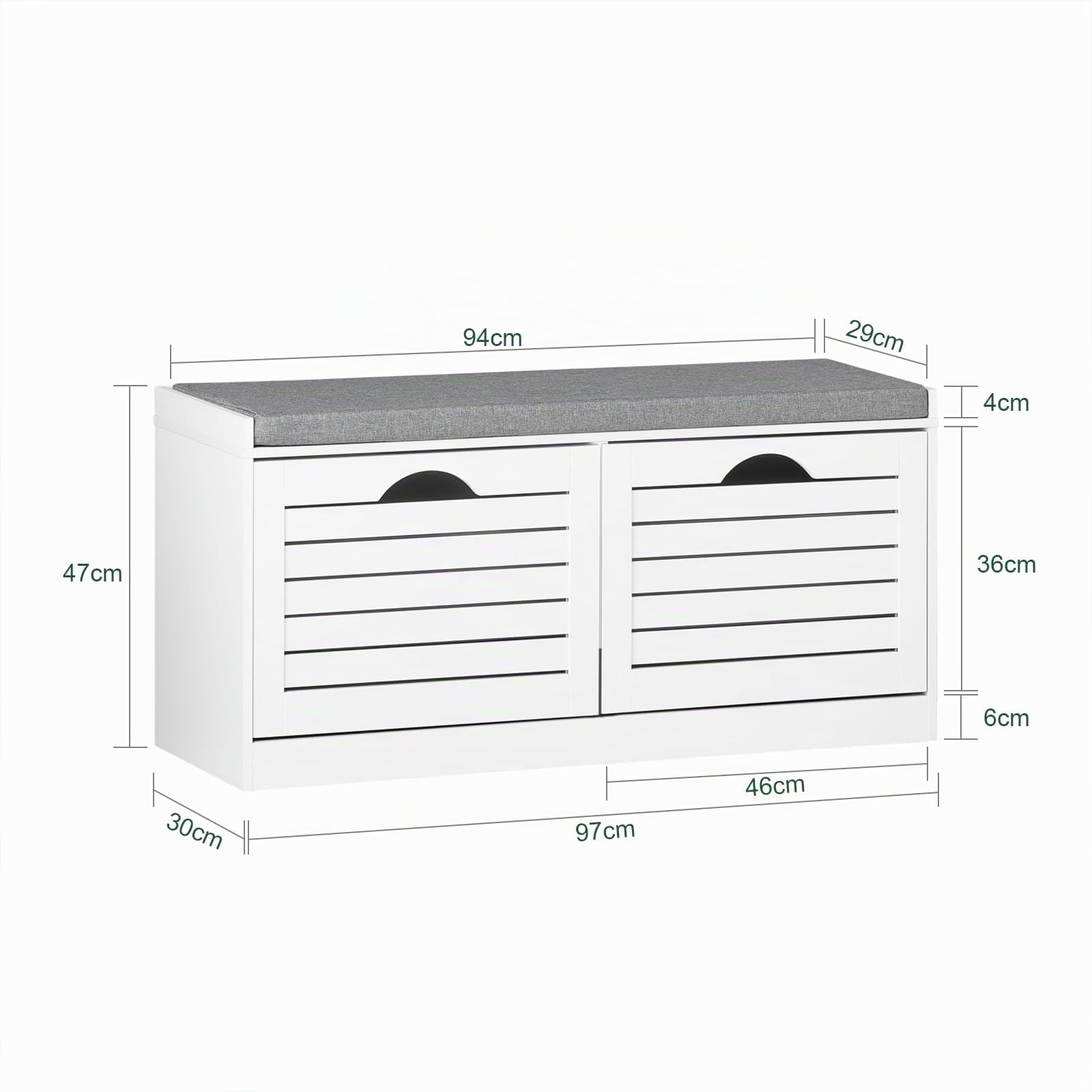 SoBuy Banco Zapatero con Asiento Zapatero Entrada Recibidor - Banco Almacenaje con Cojín Ergonómico, Capacidad 8 Pares, Diseño Compacto para Pasillos Estrechos - Blanco, 97x30x47 cm - FSR62-II-W