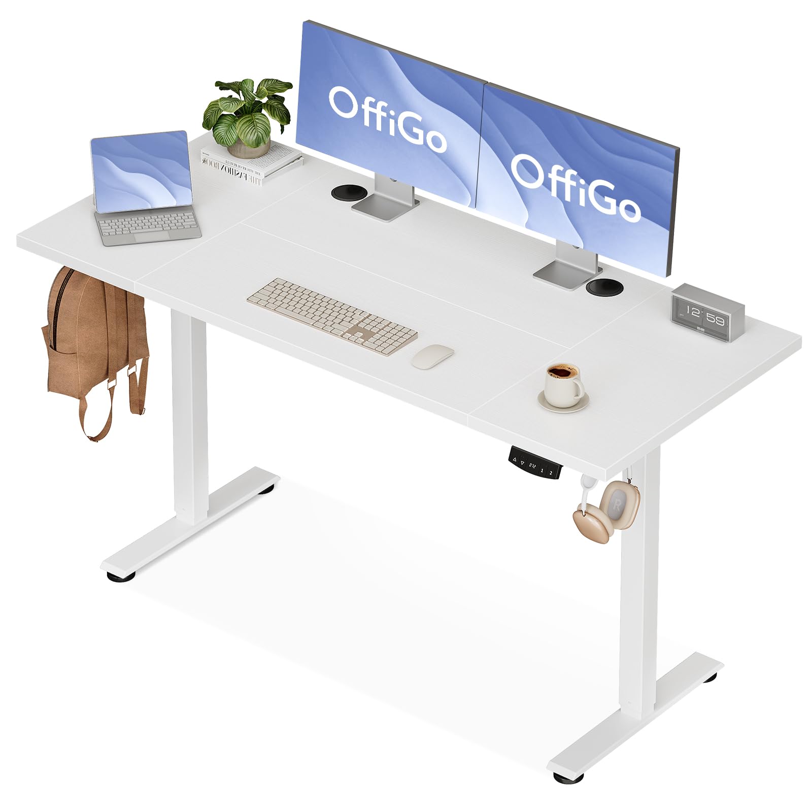 OffiGo Bureau Assis Debout électrique, 140cm Bureau Electrique, Ergonomiqu Table avec 3 Fonction Mémoire, Standing Desk pour la Chambre et Le Travail, Blanc