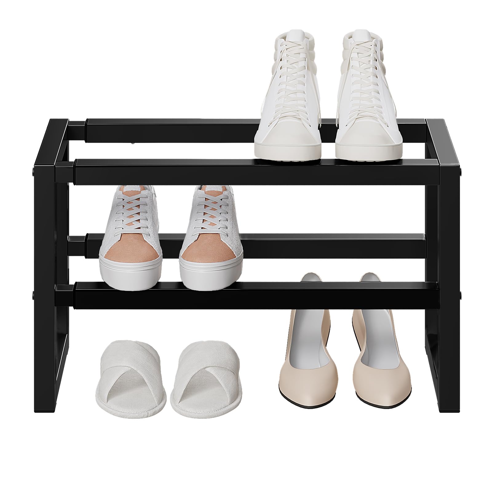 WOLTU Portascarpe Estensibile a 2 Livelli, Scaffale in Metallo, Scarpiera Salvaspazio Slim, Organizzatore di Stoccaggio per Scarpe, Mobiletto Ingresso, Corridoio, Camera da letto, Nero