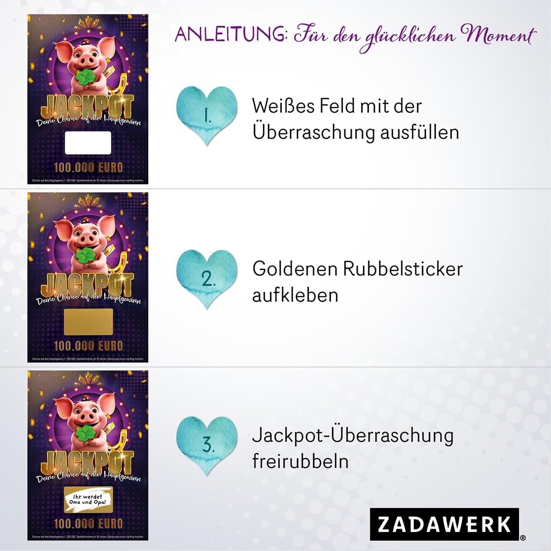 Jackpotkarte Glücks-Schwein zum Freirubbeln - 6 Stück – mit Rubbelaufklebern – Hauptgewinn – Geschenkidee – Rubbelkarte selber ausfüllen – Baby – Enthüllung