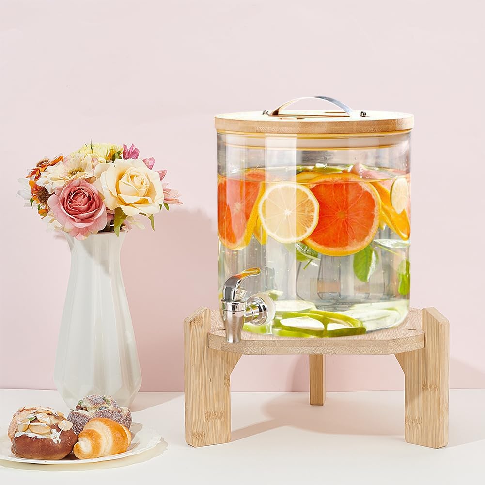ORIGACH Dispensador de bebidas de madera de bambú natural con soporte, soporte para bebidas, refrescos de agua y dispensador de vino para la cocina en casa y fiestas, apto para un diámetro máximo de