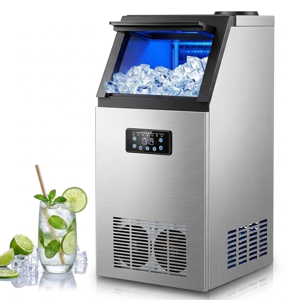 Wilprep 480W Macchina per Ghiaccio Commerciale 73kg/24h Fabbricatore Ghiaccio con Schermo LCD Macchina di Ghiaccio in Acciaio Inossidabile per Casa, Ufficio, Ristorante, Bar, Caffetteria (45 Pezzi)
