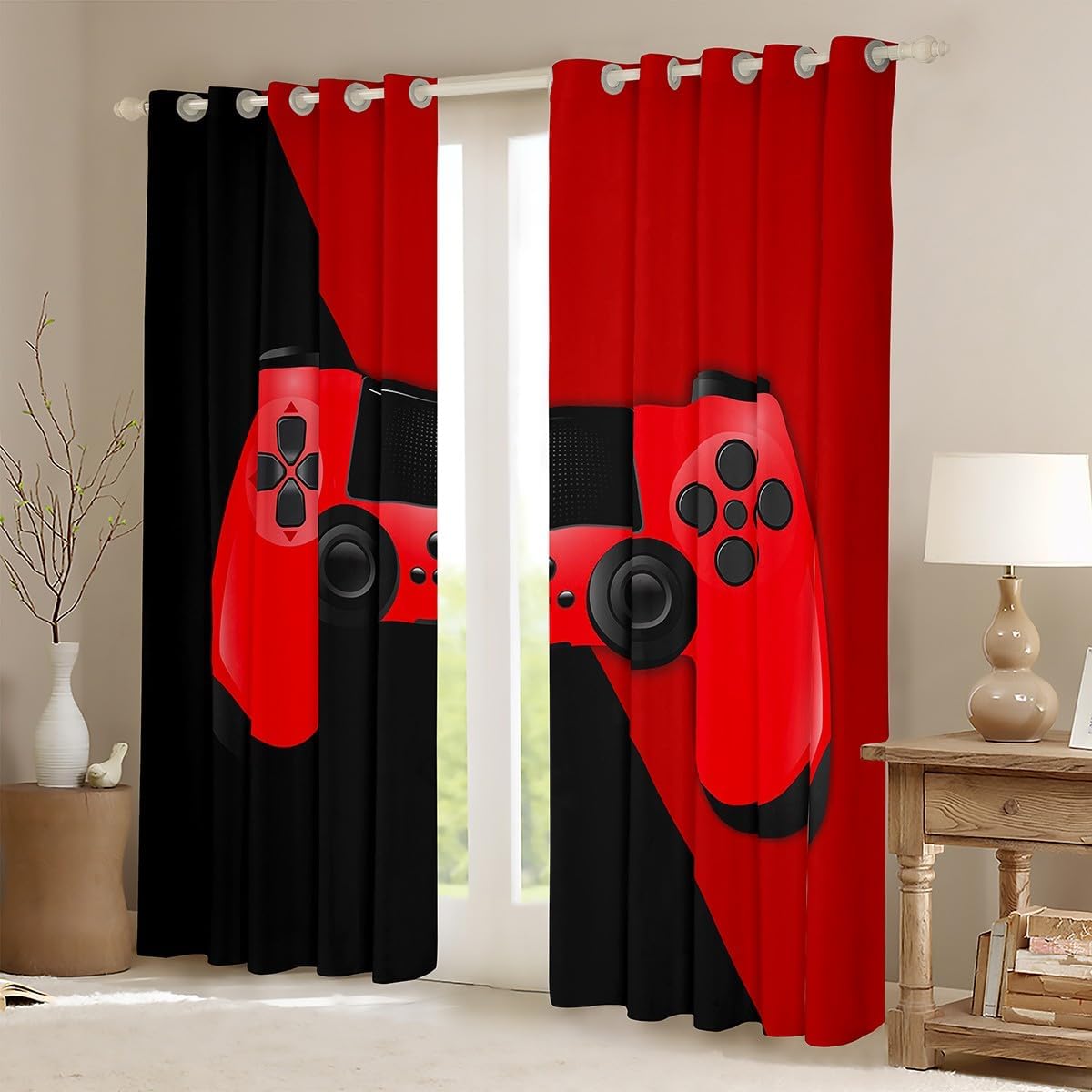 Feelyou Gamer Curtains Teens Boys Red Black Gaming Curtain for Bedroom Kids Toddler 38W x 45L Video Game Gamepad Thermal Insulated Window Drapes Console Controller Window Treatment Set of 2 Panels image 2