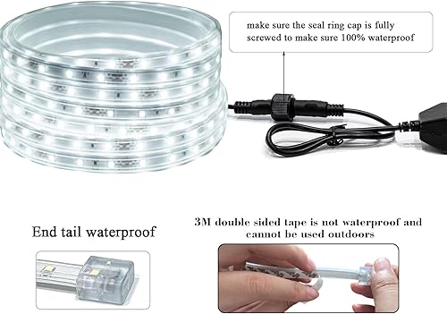 Miniatura 4 de JUNWEN Tira de luces LED blancas de 20 pies para exteriores, 12 V IP65, impermeable, tira de luces LED flexibles para patio, terraza, dormitorio,