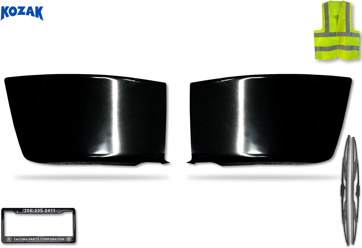 Kozak Steel Black Bumper Corner Driver (Left) and Passenger (Right) Sides compatible with Freightliner M2 Business Class 106 112 2003-2021 PLUS Logo and 2x 22" Windshield wipers and KOZAK Vest