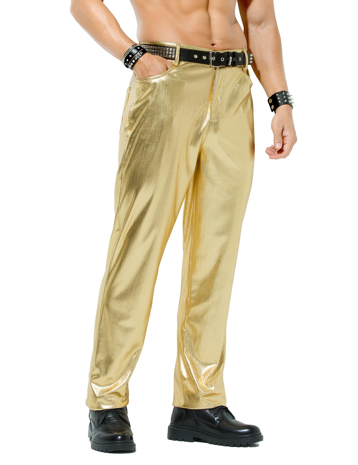 Arjen Kroos Mens Metallic Disco Shiny Pants Wedding Party Prom Straight Leg Trousers