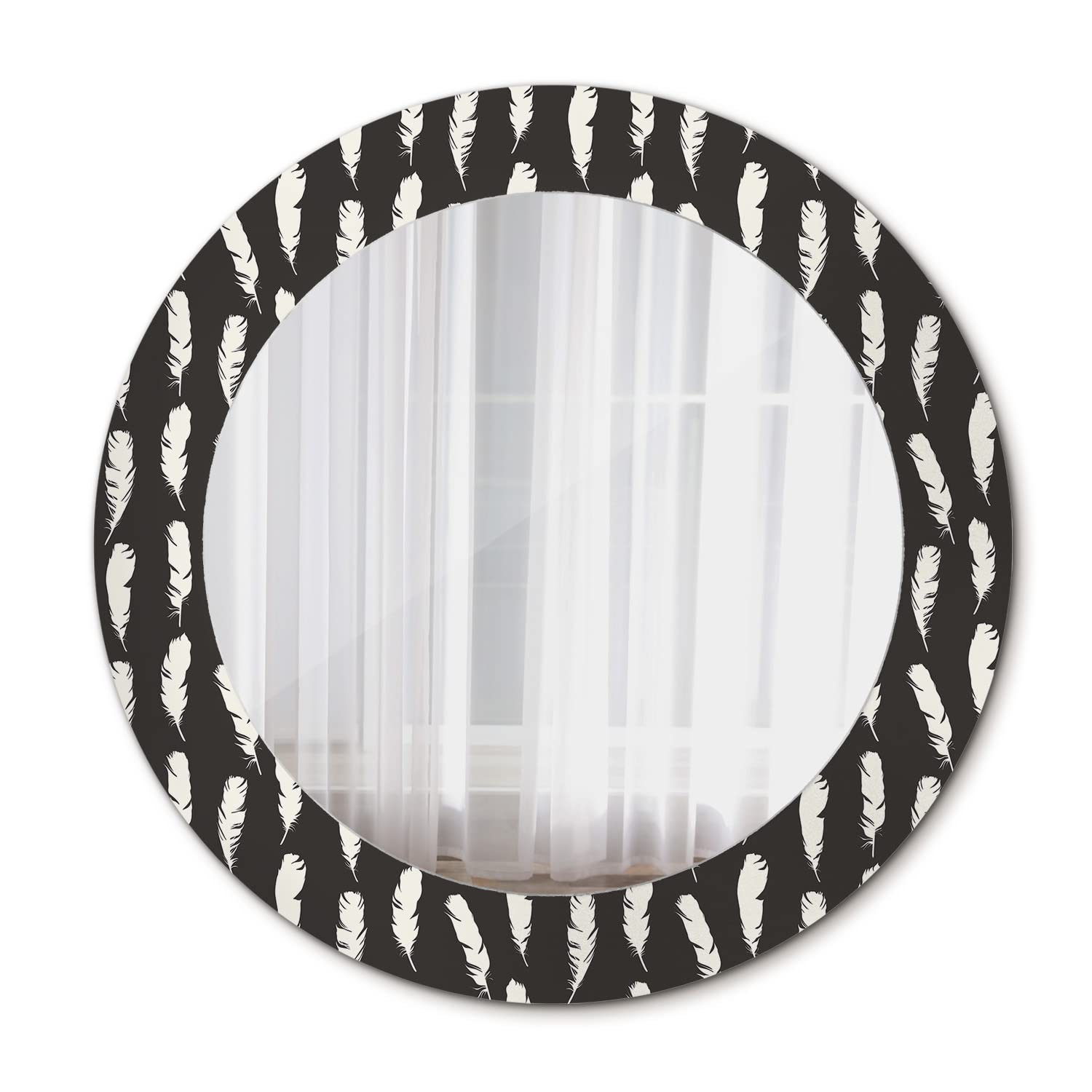 Miroir mural rond Tulup Ø60 cm en verre suspendu pour maquillage et salle de bains motif plumes