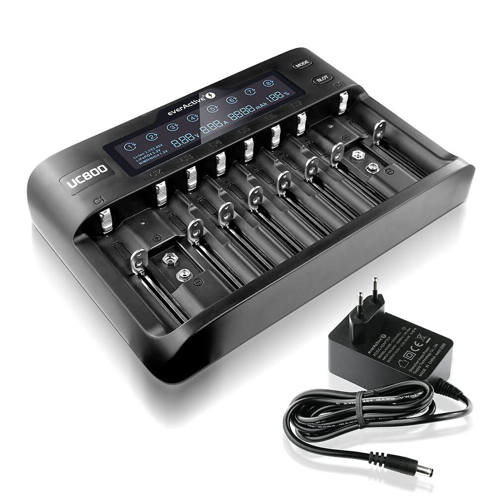 everActive Caricatore per fino a 10 batterie agli ioni di litio e NI-MH, Li-HV e Li-FePO4 professionale, veloce e universale, display LCD, test di capacità, modello: UC800
