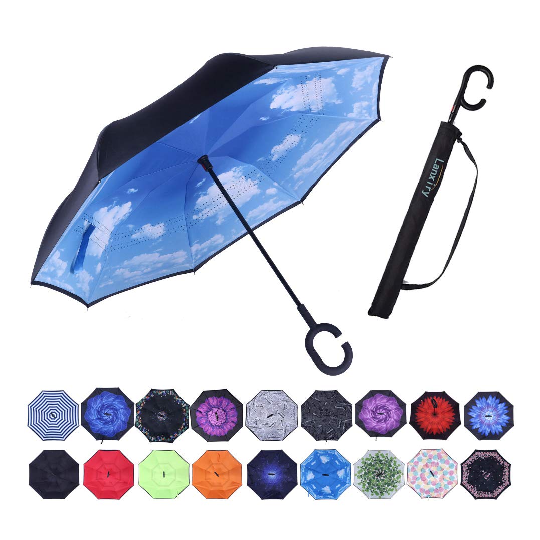 LLanxiryUmbrella,Large Double Layer Inverted Big C-Shaped Handle Reverse Long Umbrellas