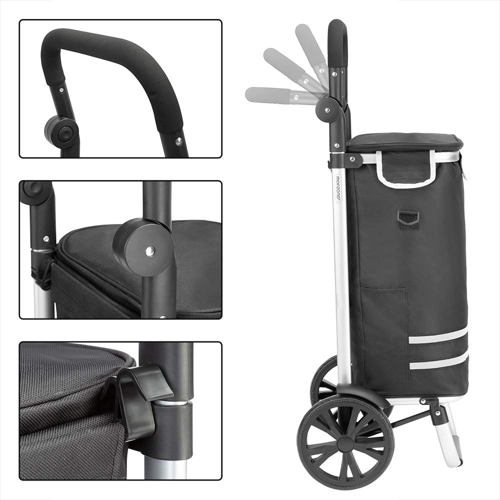 Monzana Carro de la Compra Negro 56L hasta 50 Kg con Ruedas Bolsa Extraíble Plegable Carrito de Supermercado