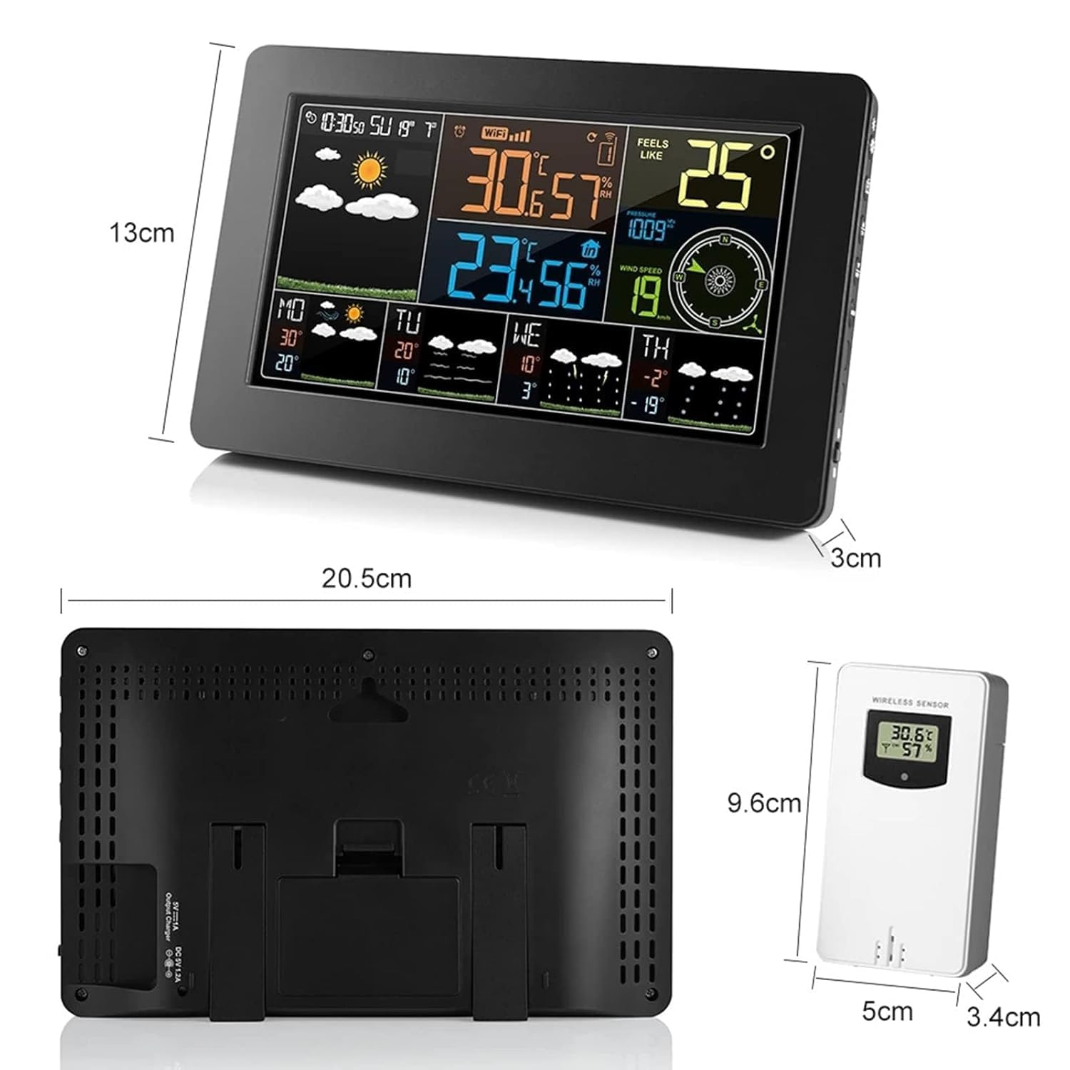 Stazione meteorologica Wi-Fi wireless per interni ed esterni con ampio display a colori, sensore di temperatura e umidità controllato tramite app, sveglia con previsioni meteo intelligenti