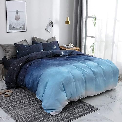 Miniatura 4 de Funda de edredón espacial tamaño Queen, juego de ropa de cama de microfibra de 3 piezas Galaxy Queen, funda de edredón azul degradado Galaxy Queen,