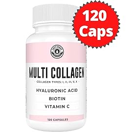 Collagen Capsules with Biotin, Hyaluronic Acid, Vitamin C, Hydrolyzed Multi Collagen Peptide Capsules Types I, II, III, V, X For Skin, Hair, Nails and Joint Health Supplement* 120 Count