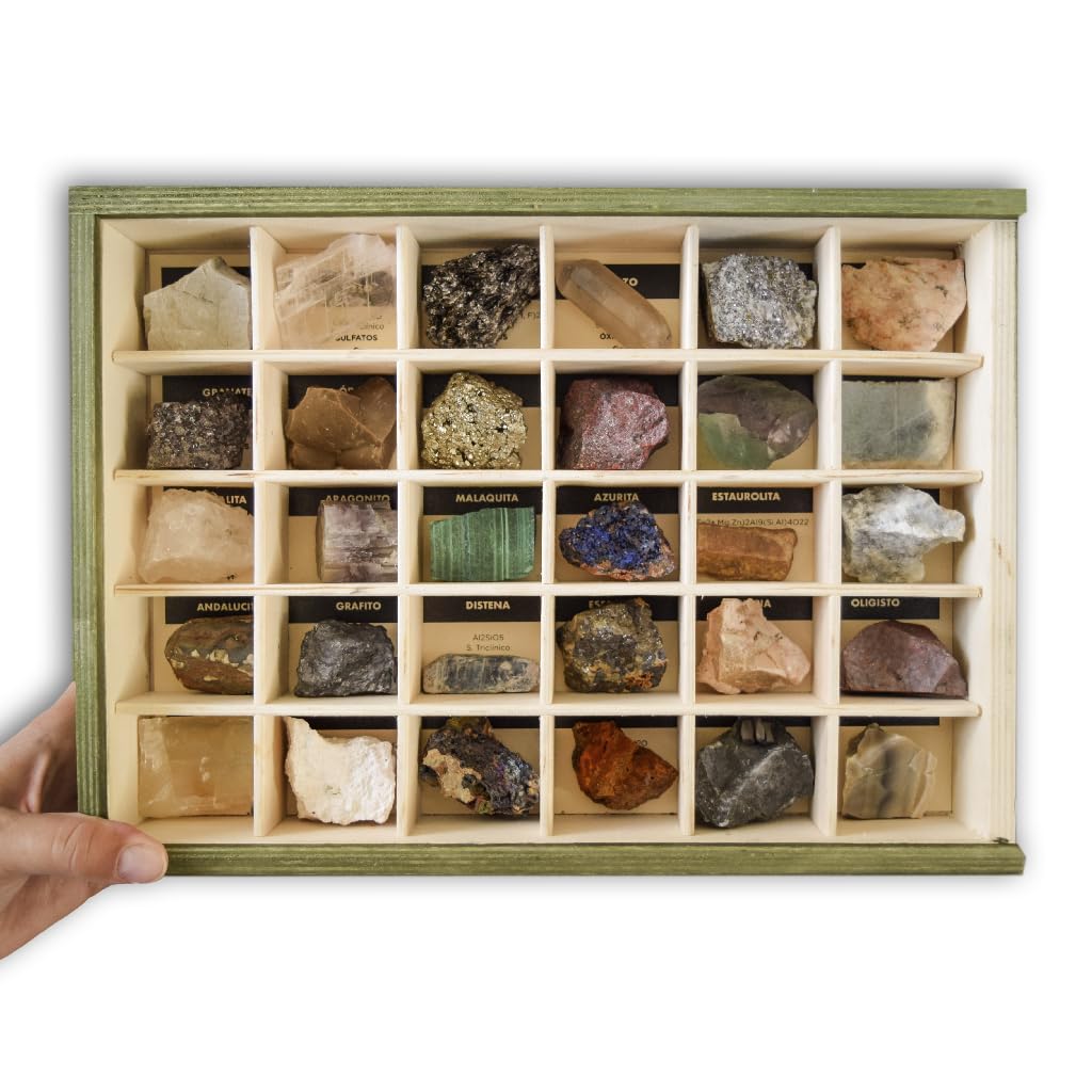 Colección de 30 Minerales didácticos Premium en Caja de Madera Natural - Minerales Reales educativos de Gran tamaño con Hoja de descripción. Kit Geología para niños