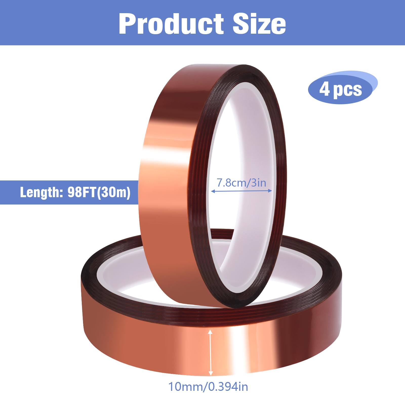 4 rollos de cinta Kapton marrón, 10 mm x 30 m, cinta térmica resistente al calor, resistente al agua, para placas de circuito, impresión de tazas, sin residuos