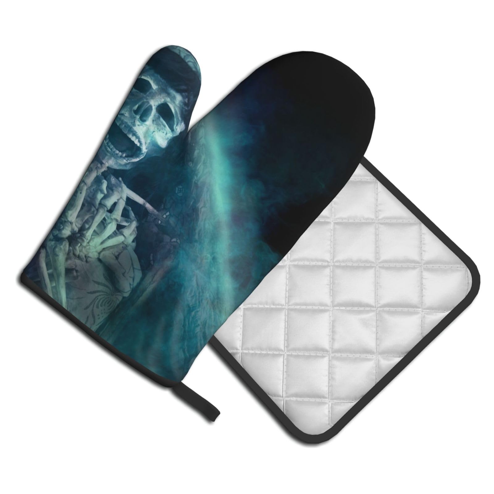 Oven Mitts and Pot Holders Set of 2 Pcs, Mystical Dead Skull Printed Heat Resistant Kitchen Gloves Potholders for Cooking Baking Grilling