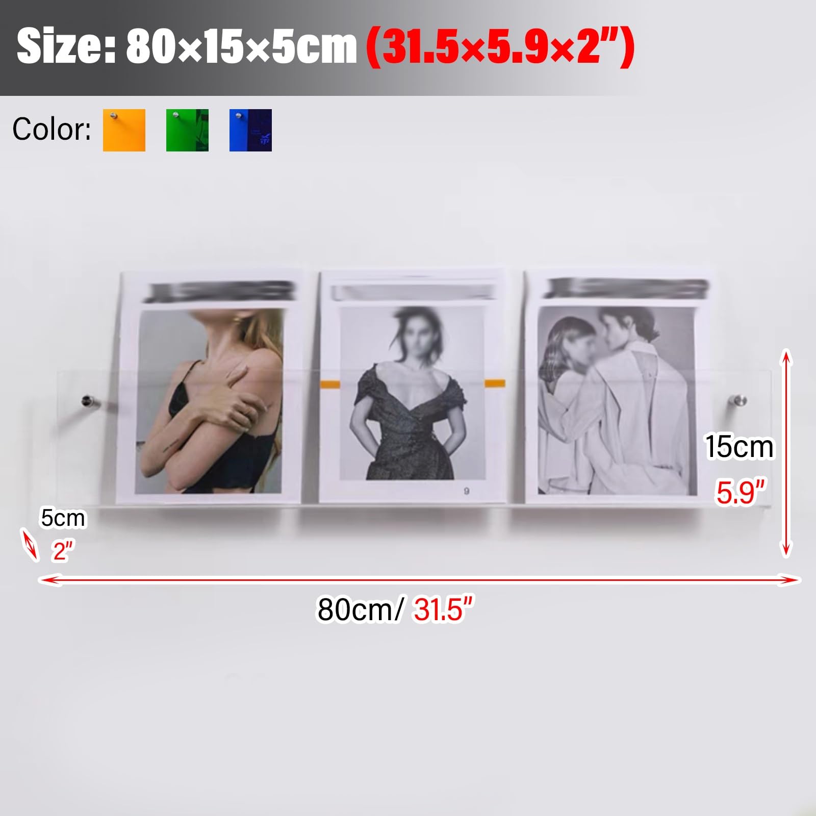 SAeWare Portariviste in acrilico, da parete, per esporre documenti, cataloghi, carta da giornale, 15 cm, lunghezza 15 cm, confezione da 3, blu, larghezza 80 cm