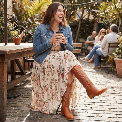 Image of Uillnoodu Wide Calf Cowboy Boots Women Adjustable Lace Up Knee High Tall Plus Size Cowgirl Boots Western Style Comfortable 2-Inch Heel