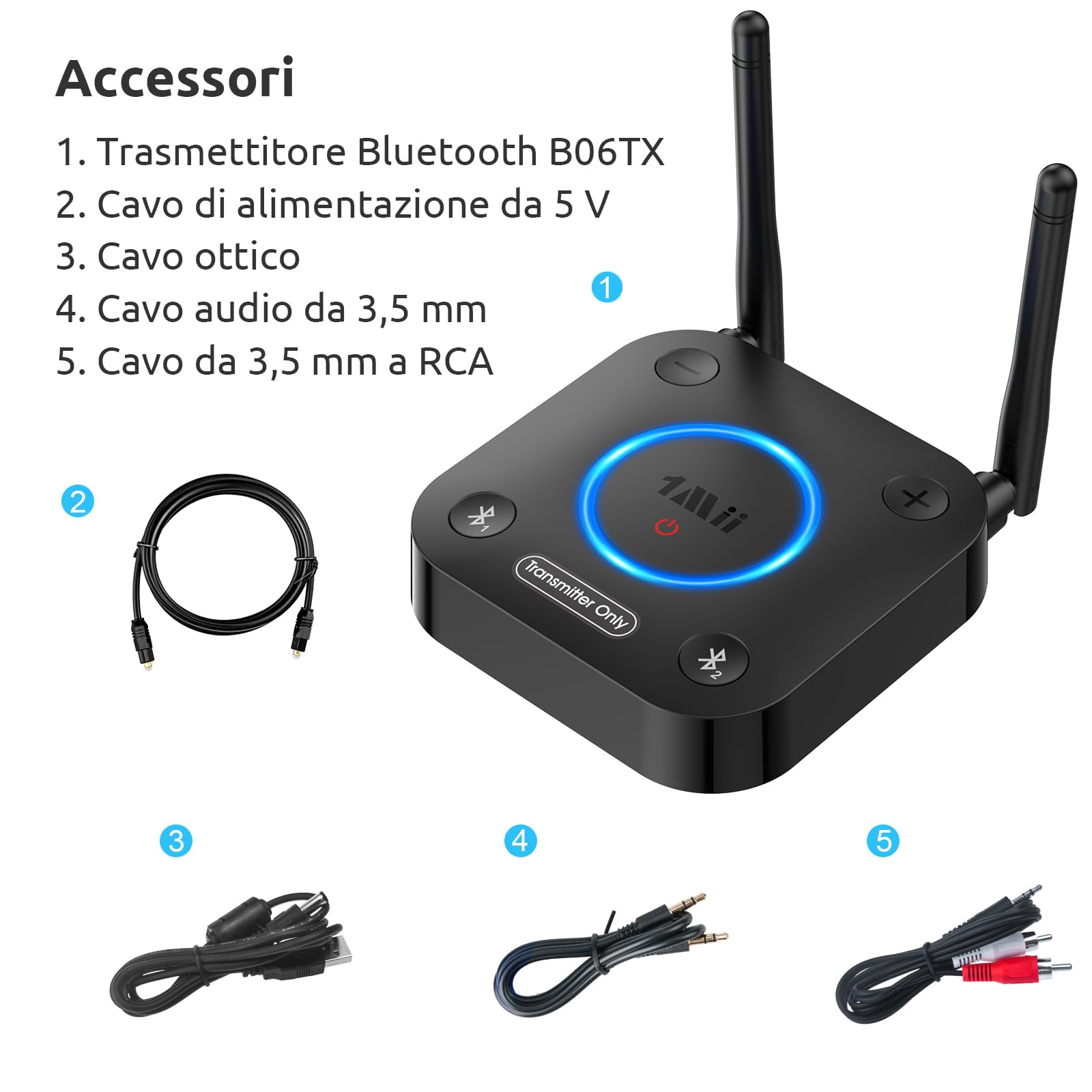 1Mii B06TX Trasmettitore Bluetooth 5.3 per TV a 2 Cuffie Bluetooth | aptX Bassa Latenza/HD, Lungo Raggio 60m, Adattatore Audio Wireless con Ingresso Ottico, Coassiale, AUX/RCA, Controllo Volume