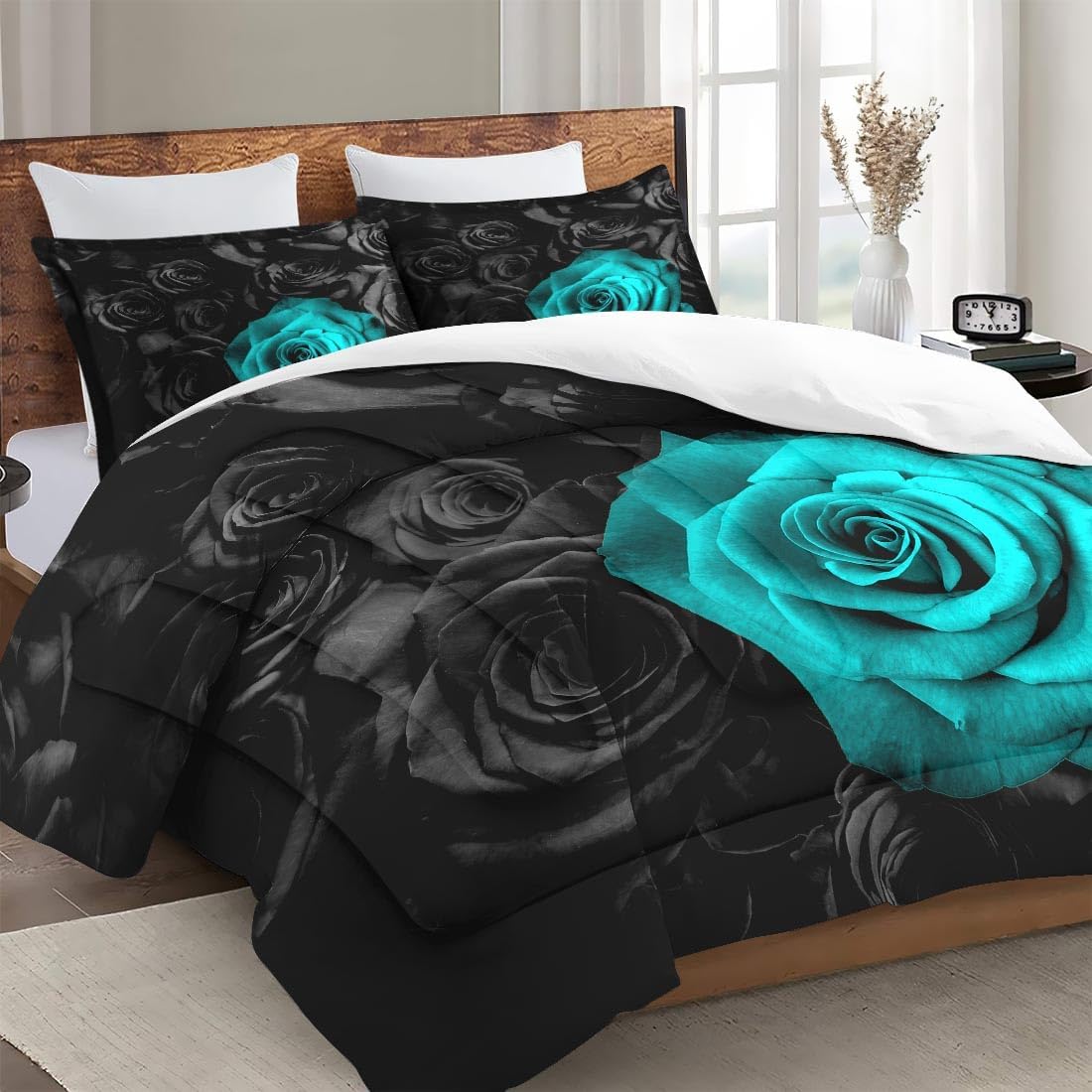 Queen Size Comforter Set with 2 Pillowcases, Cyan Rose Flower 3 Pcs Bedding for Kids and Adults, Summer Vintage Floral Soft Comforter Set for Bedroom Bed Decor Queen Multi 43 image 3 of 7 B0CN36Y6B5