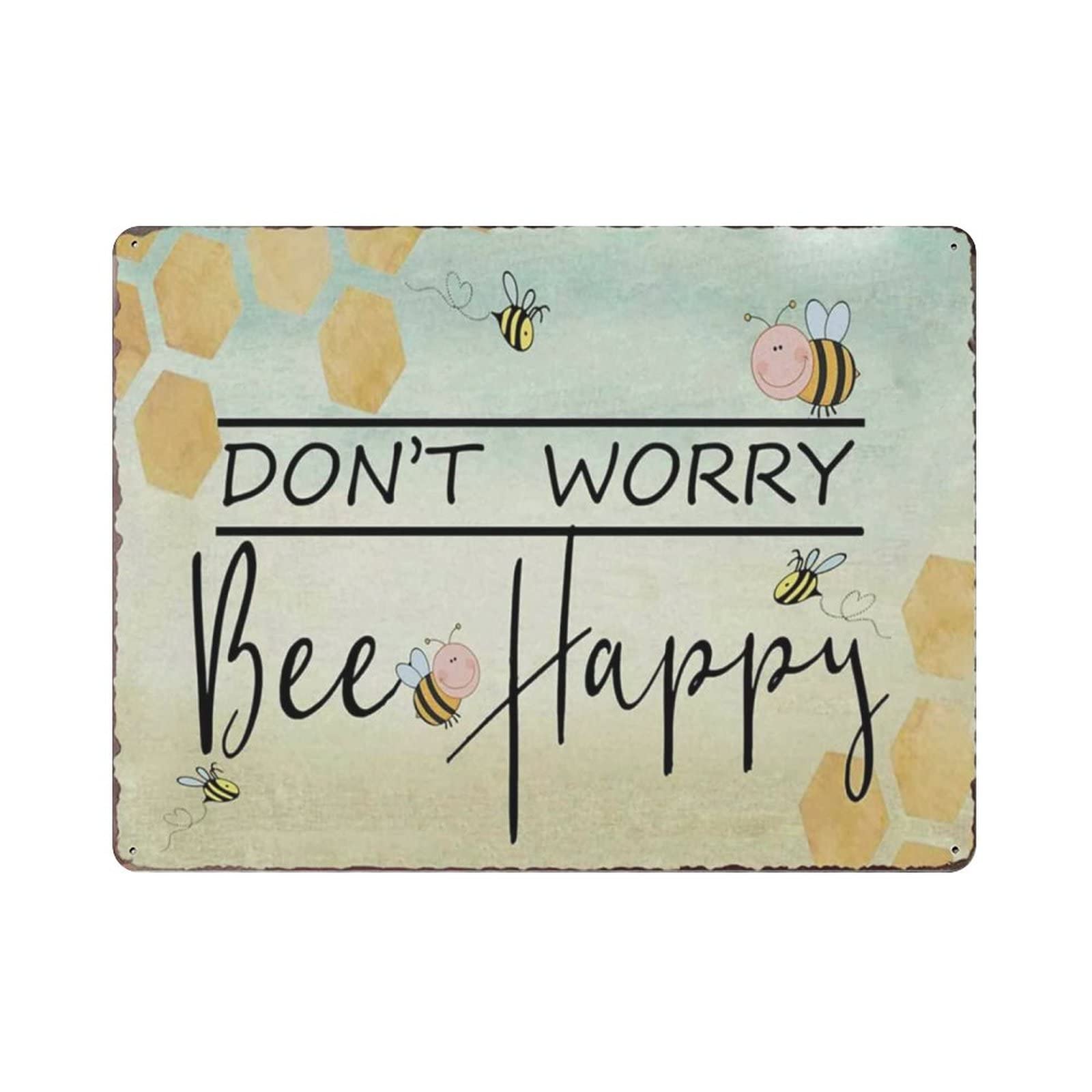AOOEDM Don't Worry Bee Happy Vintage Metal Tin Sign for Home Coffee Shop Office Wall Art Metal Poster Garage Decor Man Cave Sign Inspirational Quote Wall Decor
