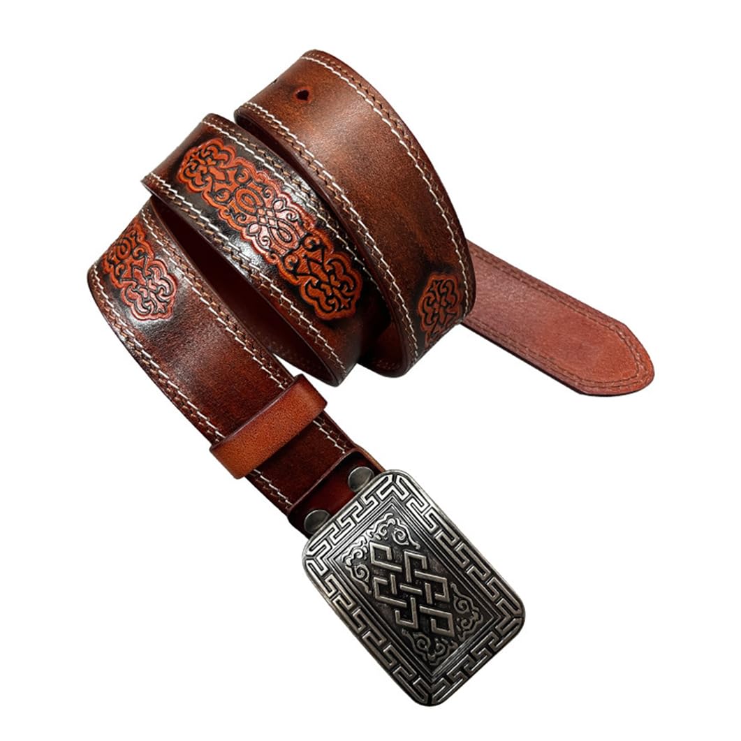 Donna Uomo Cintura Cucita Vera Pelle Vintage Western Cinturino con Stampa Country Fibbia Quadrata Argentata Fiore Inciso(125cm/49, Brown)
