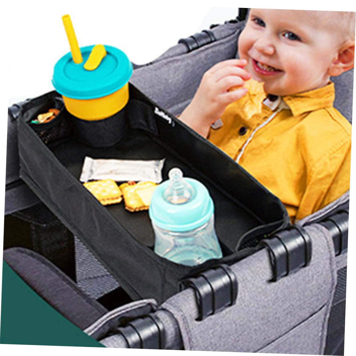 GARVALON Kinderwagen Snack Tray mit Getränkehalter Verstellbarer Organizer für Junge Mädchen und Kleinkinder Clip Tischaufsatz für Kinderwagen Schwarz