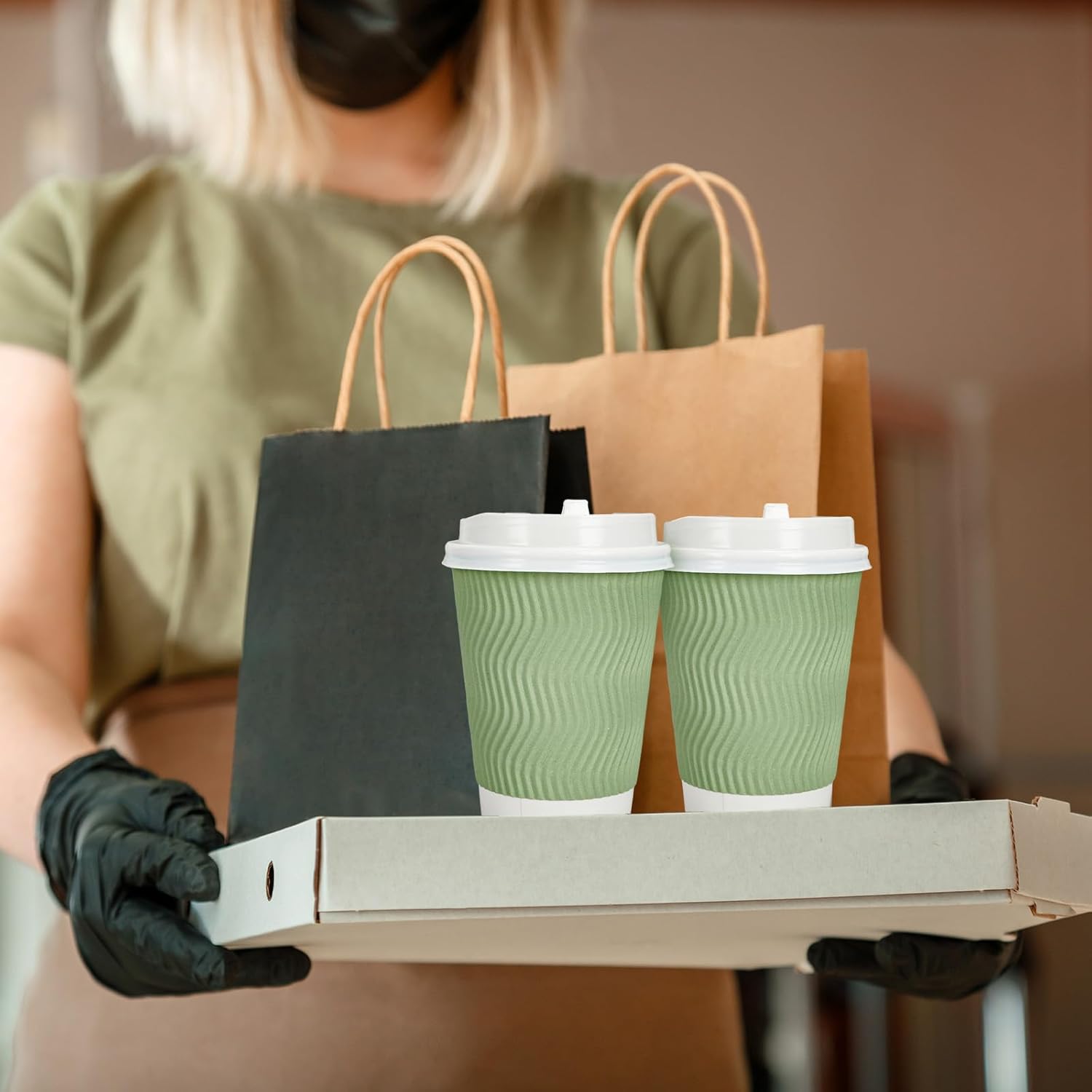 JarThenaAMCS 100Pcs Sage Green Disposable Coffee Cups with Lids Green Paper Cups Corrugated Ripple Wall Insulated Hot Cups for Home Office Party Supplies, 12oz - Image 7