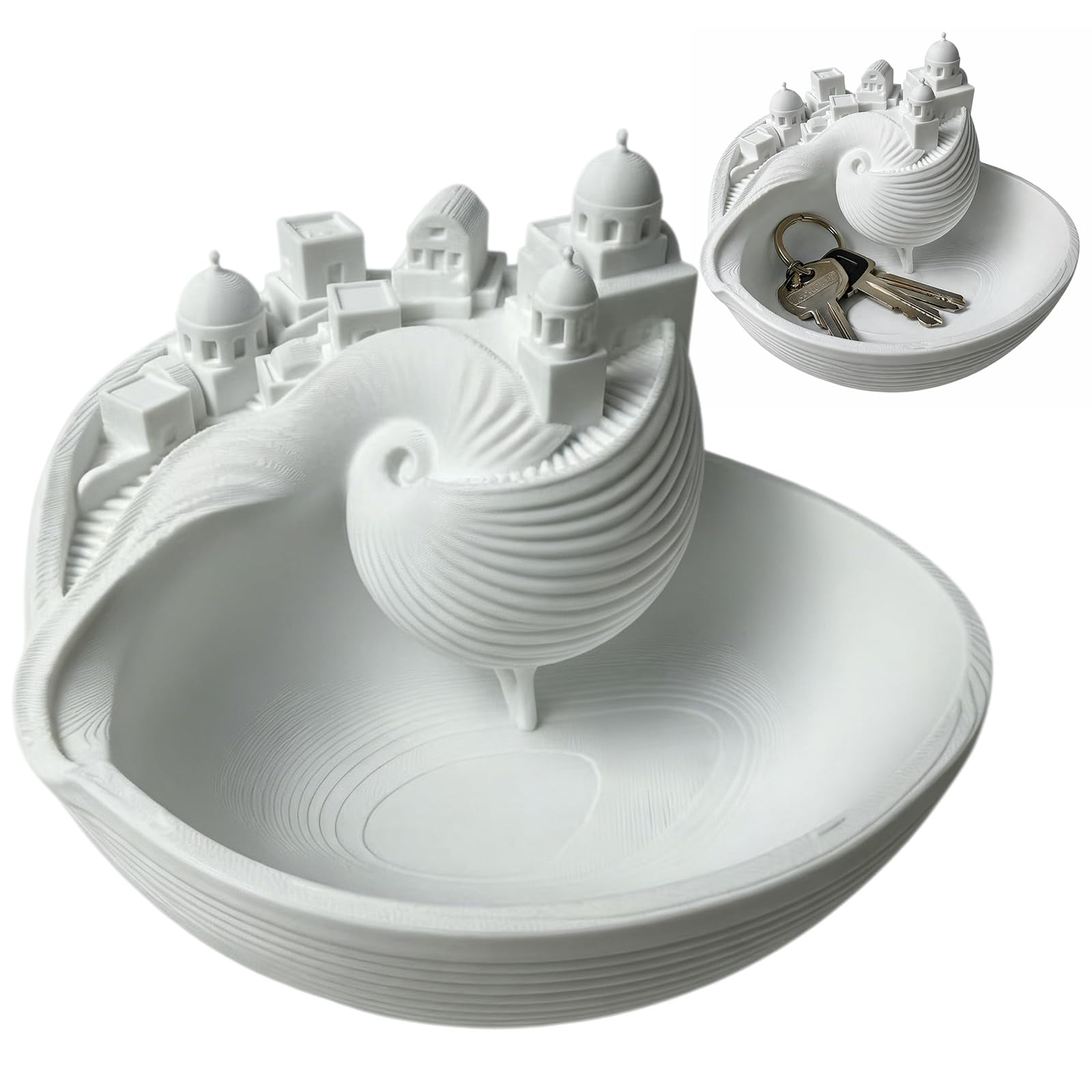 Santorin Coastal Seashell Catchall Bowl, 3D Printed Island Style Key Holder and Organizer for Coins & Jewelry, Shell Trinket Tray for Entryway, Nightstand & Home Office Housewarming