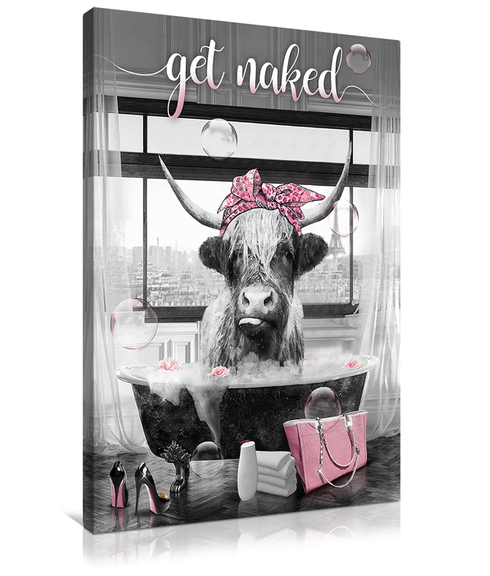 Highland Cow Wall Art Funny Animal Cow Bathing In The Bathtub Canvas Wall Decor Black And White Pink Farm Cow Painting Picture Fashion Modern Framed Artwork For Bathroom Decor 16"X24"