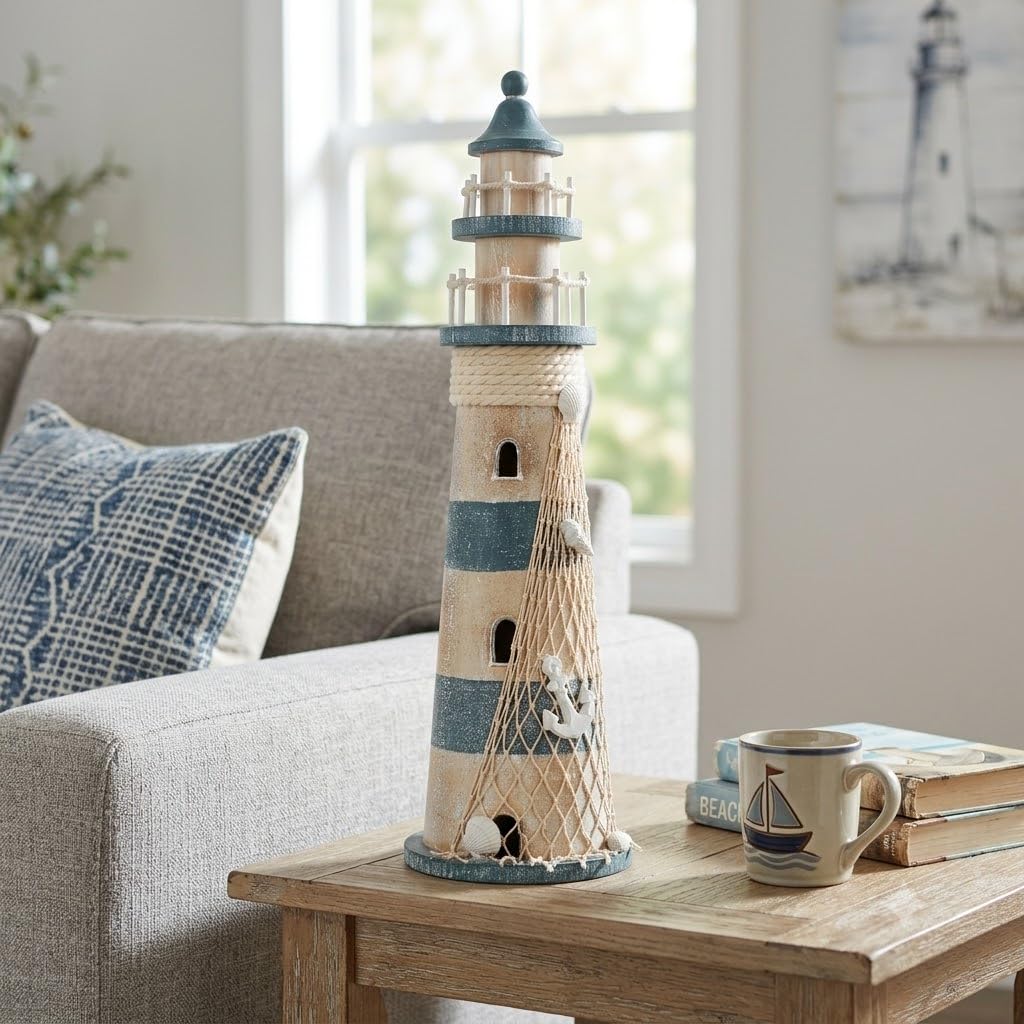 Bloomingtons Direct Blue 21" Tall Lighthouse Ornaments Nautical Coastal Lighthouse Decor With Sea Star Detaling For Desktop Tabletop Beach Party Mediterranean Style Wooden Lighthouse Ornament