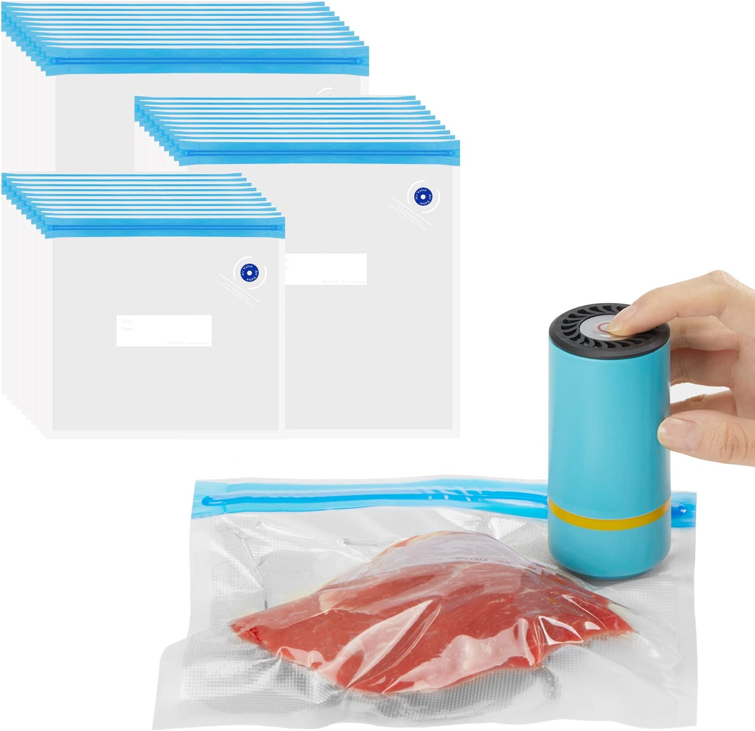 Electric Vacuum Sealer Set, Handheld Vacuum Pump with BPA-Free Reusable Ziplock Bags (30 PCS), Portable Rechargeable Packaging Sealer, One-Touch Food Saver for Freezer Storage & Sous Vide Cook