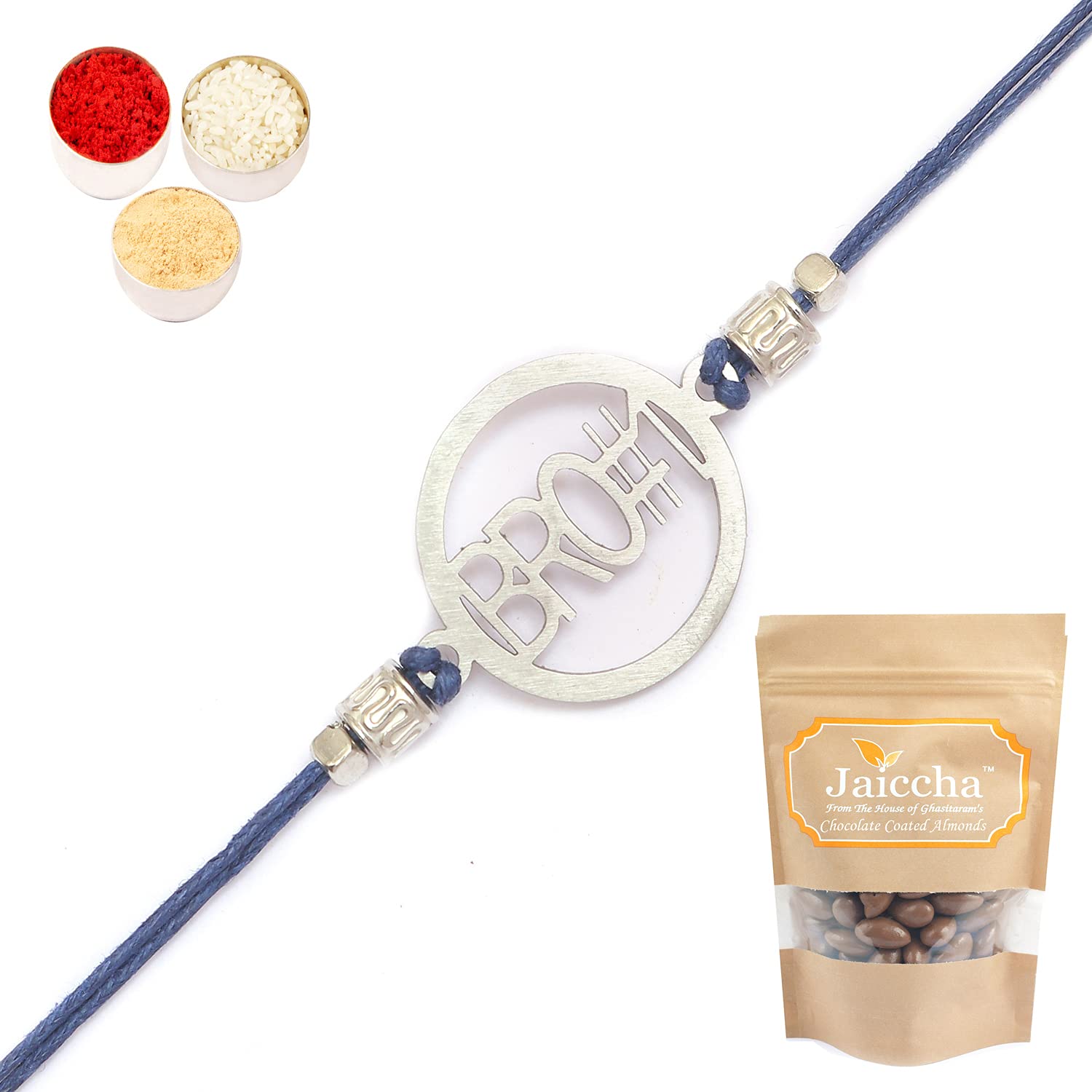 Ghasitaram Gifts Rakhis for Brother Kids Rakhi - MR-2 Metal Bro #1 Rakhi with Chocolate Coated Almonds 200 gms