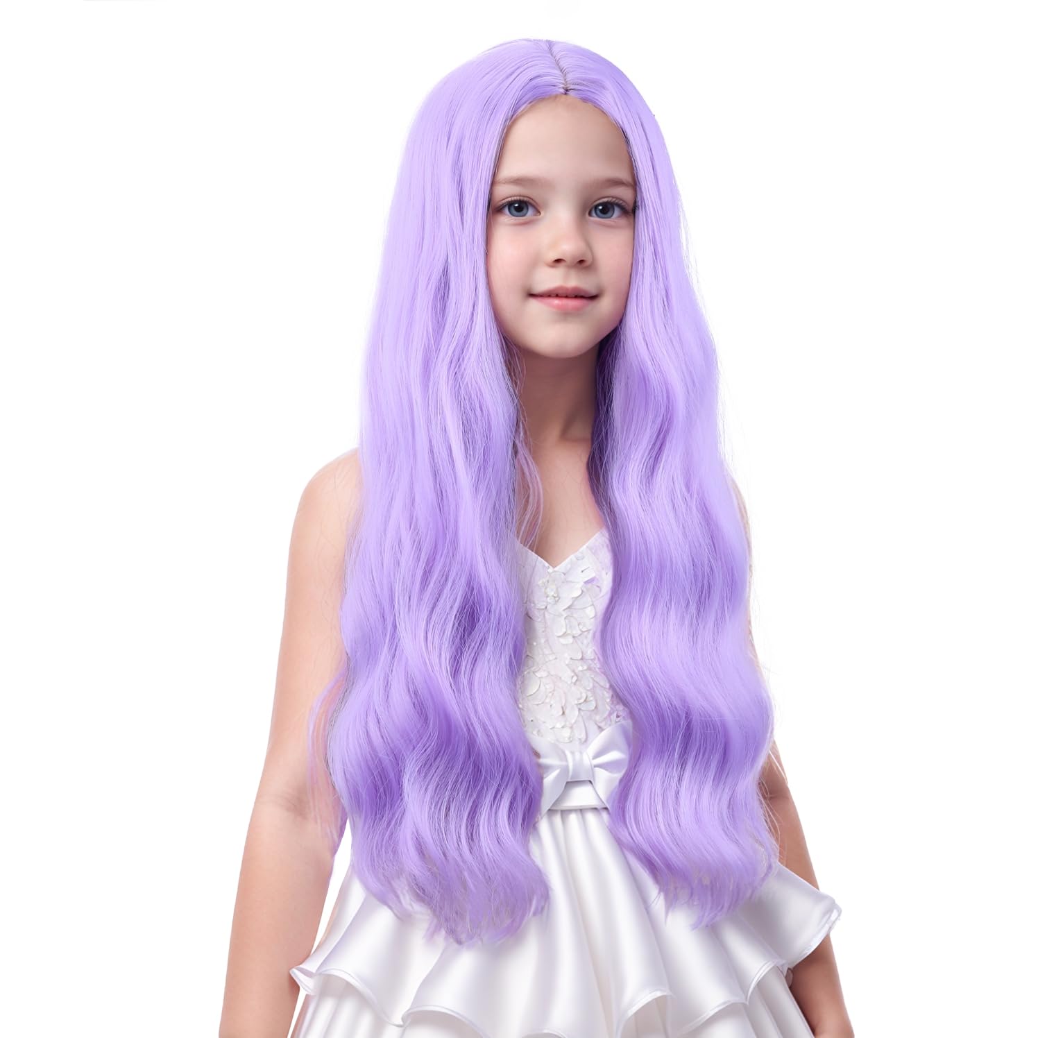 Kid Lavender Wig Long Light Purple Wavy Curly Wig for Child Girls Middle Part Wigs Heat Resistant Synthetic Wigs with Cap